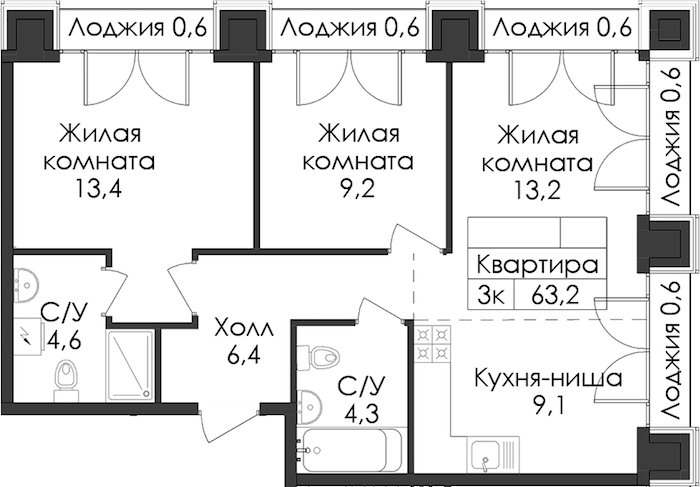 2-комнатная квартира 63.2 м², 8/9 эт., ЖК «Лермонтовский 54»